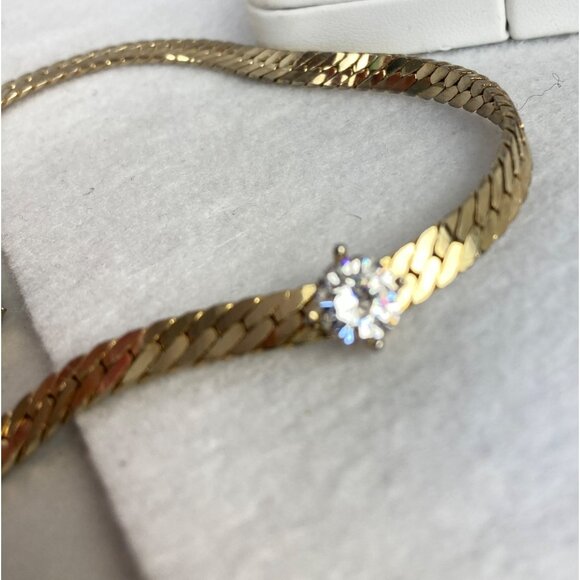 Vintage Gold Tone Solitaire Rhinesotne Necklace Herringbone Chain 17in Korea - Picture 10 of 13